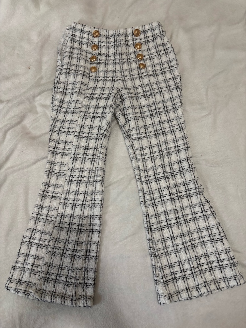 SHEIN White & Black Plaid Tweed Flare Pants with Gold Buttons